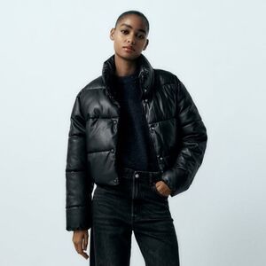 Zara Black Cropped Faux Leather Puffer Large L